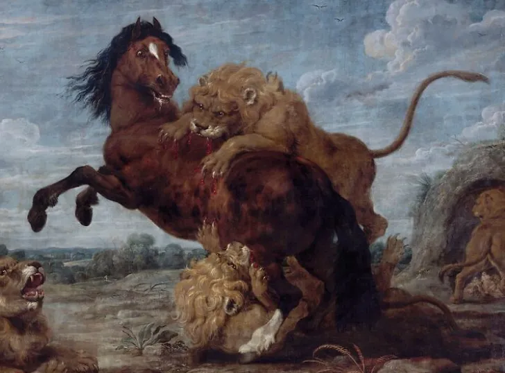 Boutiques de musées Panneaux Acryliques|Toiles Sur Châssis-Cheval attaqué par des lions (panneaux acryliques)