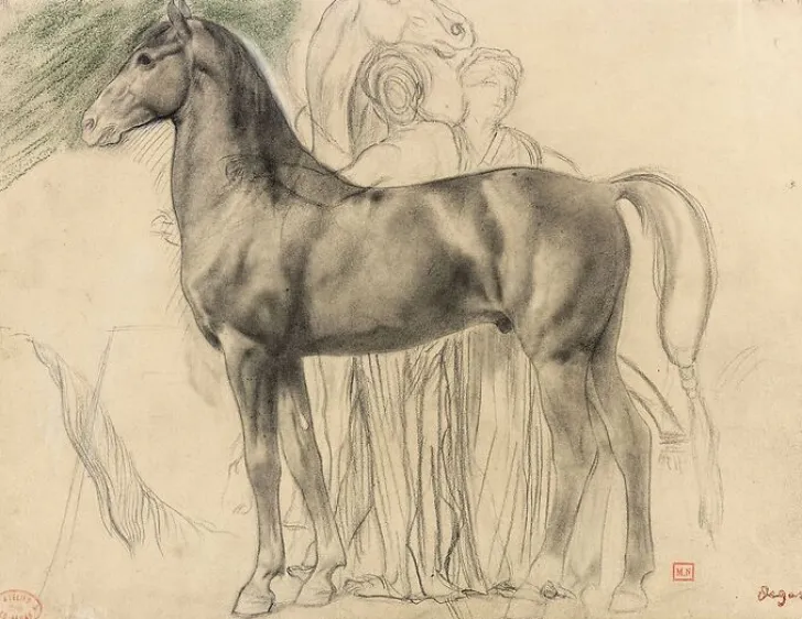 Boutiques de musées Panneaux Aluminium|Panneaux Acryliques-Cheval de profil à gauche et deux femmes retenant un cheval, étude pour Sémiramis construisant Babylone (panneaux aluminium)