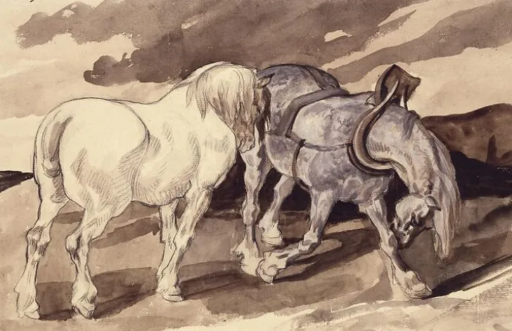 Boutiques de musées Panneaux Aluminium|Panneaux Acryliques-Deux chevaux de charrette dételés (panneaux aluminium)