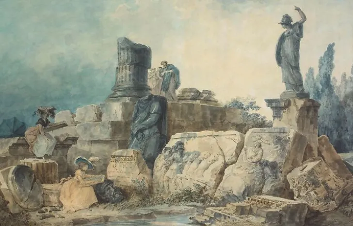 Online Boutiques de musées Deux jeunes femmes dessinant dans un site de ruines antiques (panneaux aluminium)