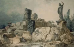 Boutiques de musées Panneaux Aluminium|Panneaux Acryliques-Deux jeunes femmes dessinant dans un site de ruines antiques (panneaux aluminium)