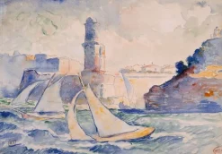 Boutiques de musées Toiles Encadrées|Toiles Sur Châssis-Entrée d'un port (Antibes) avec au premier plan deux voiliers et à l'arrière plan un phare (toiles encadrées)