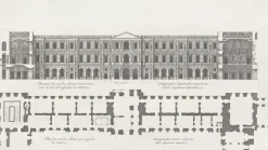 New Boutiques de musées Estampe Plan et élévation du côté du Louvre qui regarde la rivière, vue de la cour à gauche en entrant - Jean Marot