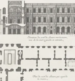 New Boutiques de musées Estampe Plan et élévation du côté du Louvre qui regarde la rivière, vue de la cour à gauche en entrant - Jean Marot