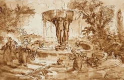 Boutiques de musées Panneaux Acryliques|Toiles Encadrées-Femmes et enfants prês d'une fontaine, ornée d'une vasque (panneaux acryliques)