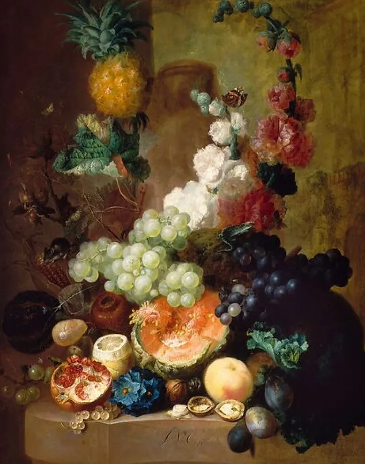 Boutiques de musées Toiles Encadrées|Toiles Sans Cadre-Fleurs et fruits sur une corniche de pierre (toiles encadrées)