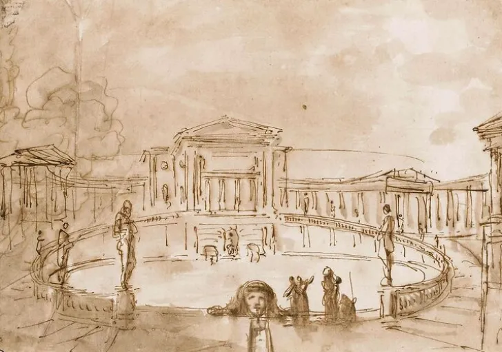 Boutiques de musées Grand bassin central entouré d'une balustrade, au centre d'une place (toiles sans cadre)