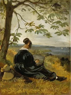 Boutiques de musées Panneaux Acryliques|Toiles Encadrées-Jeune femme dessinant au pied d'un arbre (panneaux acryliques)