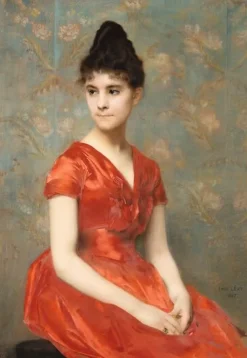Boutiques de musées Panneaux Aluminium|Toiles Sur Châssis-Jeune fille en robe rouge sur fond de fleurs (panneaux aluminium)