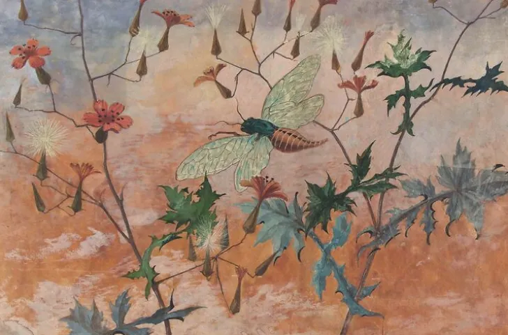 Clearance Boutiques de musées Modèle de décor pour la faïence : cigale volant au milieu de prenanthes (panneaux aluminium)