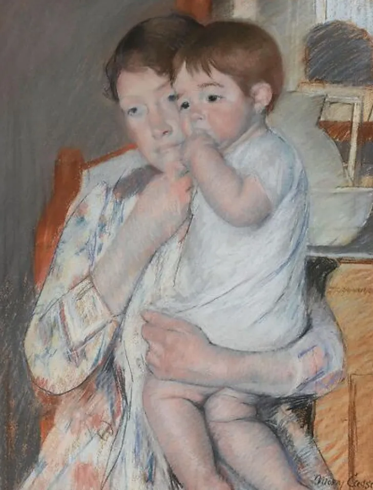 Sale Boutiques de musées Mère et enfant : la femme tient sur ses genoux son enfant qui suce son pouce (panneaux aluminium)