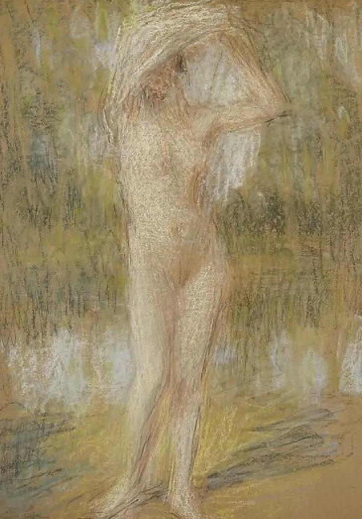 Boutiques de musées Panneaux Acryliques|Toiles Encadrées-Nu debout, de face, bras levés, tenant une draperie (panneaux acryliques)