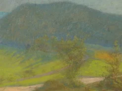 Boutiques de musées Panneaux Aluminium-Paysage de montagne avec arbres au premier plan (panneaux aluminium)