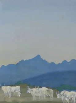 Online Boutiques de musées Trois couples de taureaux blancs sur fond de montagnes (panneaux acryliques)