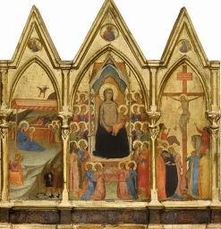 Online Boutiques de musées Tryptique fixe. Au centre : La Vierge et l'Enfant entourés de vingt anges et de quatre saints (Jean-Baptiste, Pierre, Paul et Laurent [']), à gauche : La Nativité, à droite : La Crucifixion (toiles encadrées)