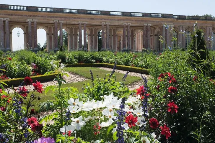 Boutiques de musées Vue extérieure du Grand Trianon : péristyle côté jardins, façade sur le Parterre haut (panneaux aluminium)